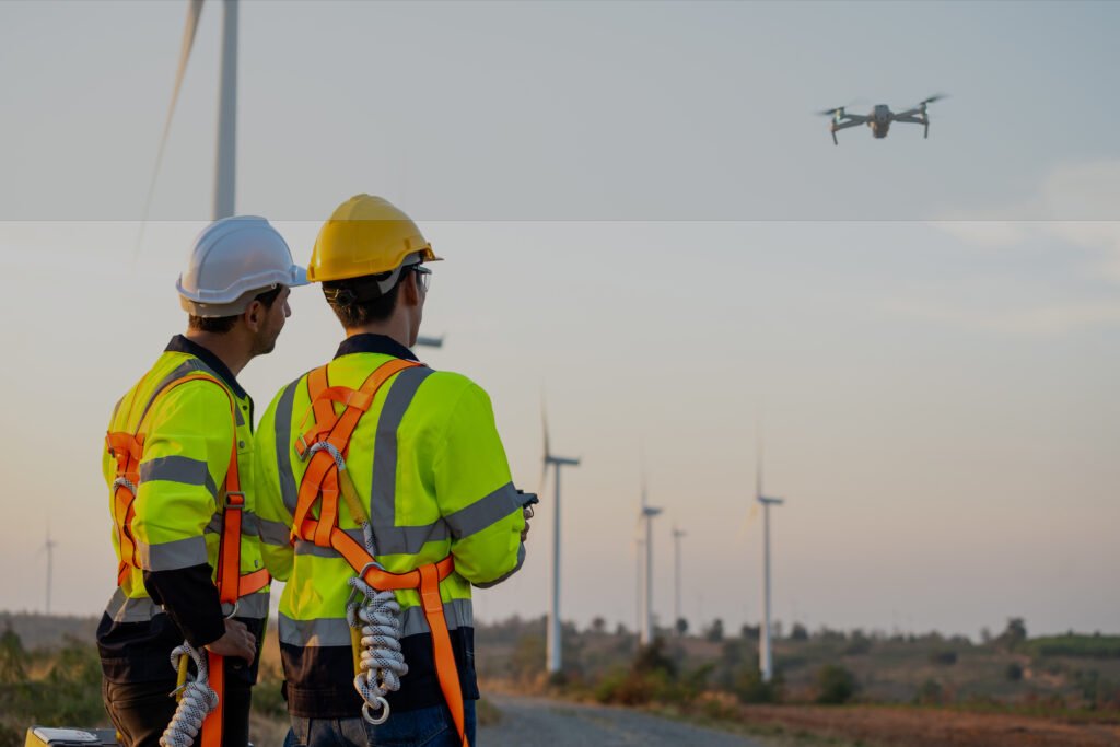 Diverse ethnicity male technicians working in the wind turbines