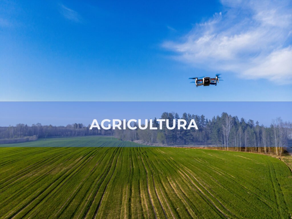 drone inspecting green agricultural fields in spring with fresh